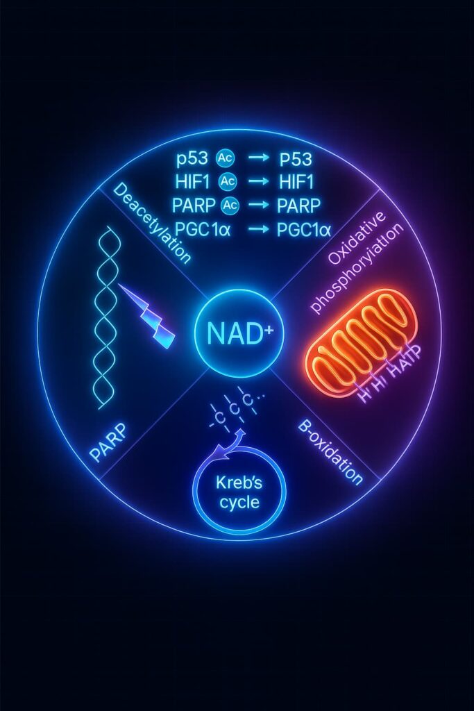 Infographic showing the key roles of NAD⁺ in cellular health, including DNA repair, energy production, and sirtuin activation — highlighting why NAD⁺ supplements and the best NMN supplements are essential for healthy aging and longevity support.