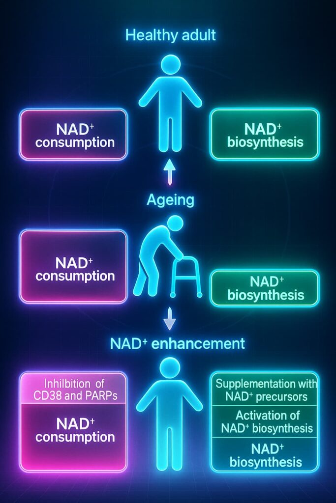 Illustration showing how NAD⁺ supplements support healthy aging by boosting cellular energy, enhancing DNA repair, and activating longevity pathways — a key benefit of the best NAD supplements and top-rated NMN supplements.