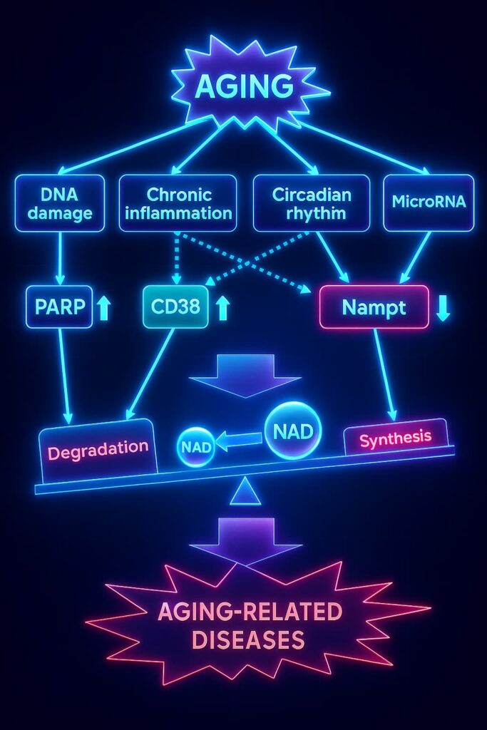 Visualizing the effects of declining NAD⁺ levels on aging, including mitochondrial dysfunction, DNA damage, and reduced cellular repair — reinforcing the importance of NAD supplements and the best NMN supplements for healthy aging and longevity.