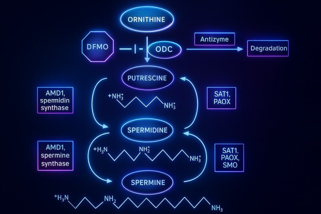 3D scientific illustration of the spermidine molecule structure, highlighting its role in autophagy activation, cellular renewal, and longevity benefits for healthy aging