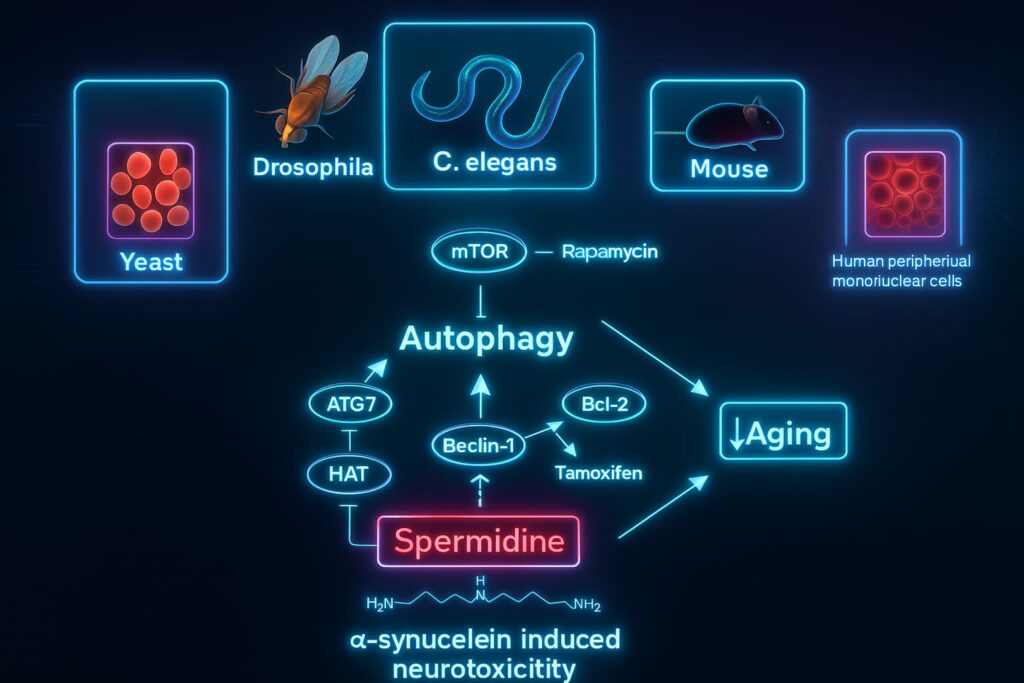Scientific diagram showing spermidine effects from experiments, including enhanced autophagy, improved mitochondrial function, reduced inflammation, and multiple longevity benefits for healthy aging