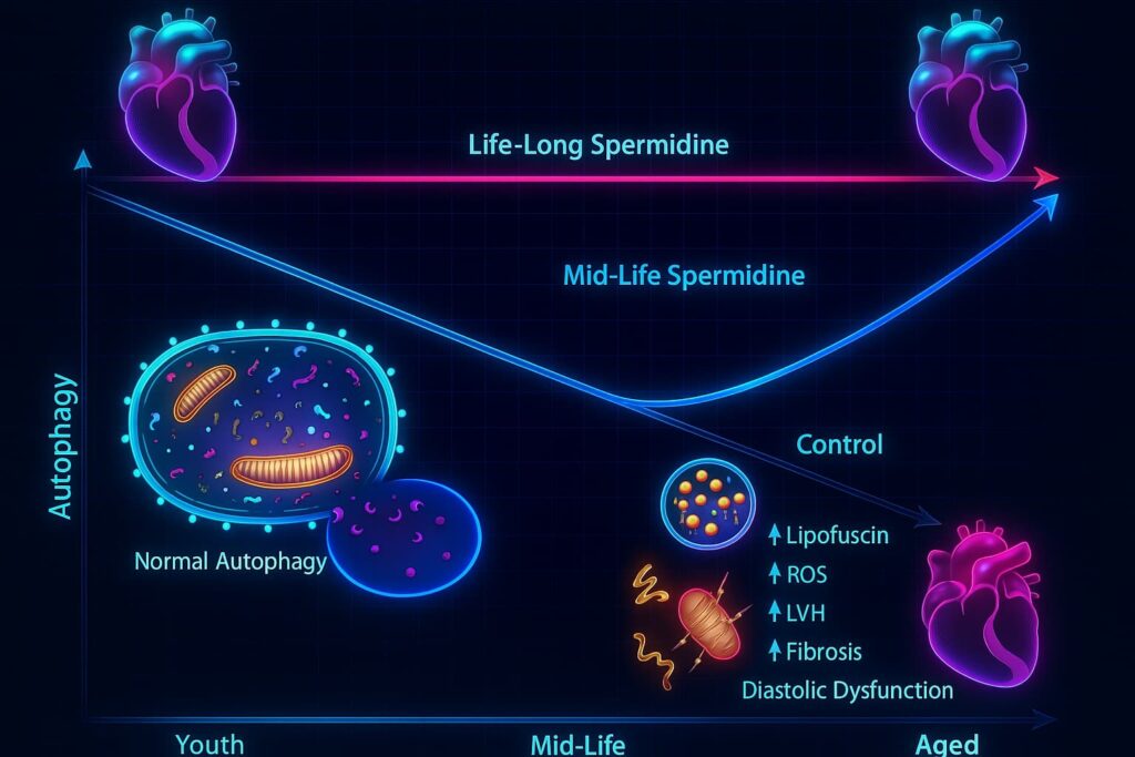 Illustration showing the effect of spermidine on aging, highlighting autophagy activation, mitochondrial health, reduced protein damage, and key longevity benefits linked to healthy aging