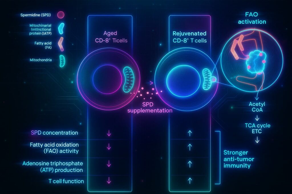 Scientific illustration showing the effect of the best spermidine supplement on aging cells, highlighting autophagy activation, improved mitochondrial function, restored proteostasis, and longevity benefits for healthy aging