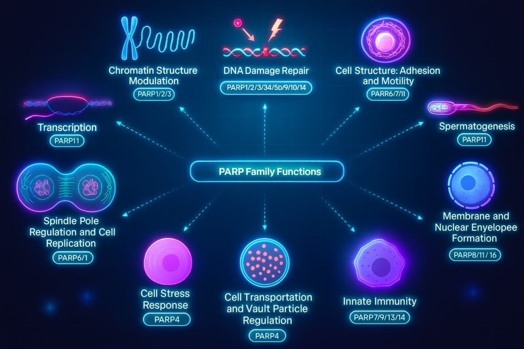 Diagram showing PARP1 family function in DNA repair during deep sleep, highlighting how much deep sleep do you need, healthy sleep habits, and sleep tips for better health