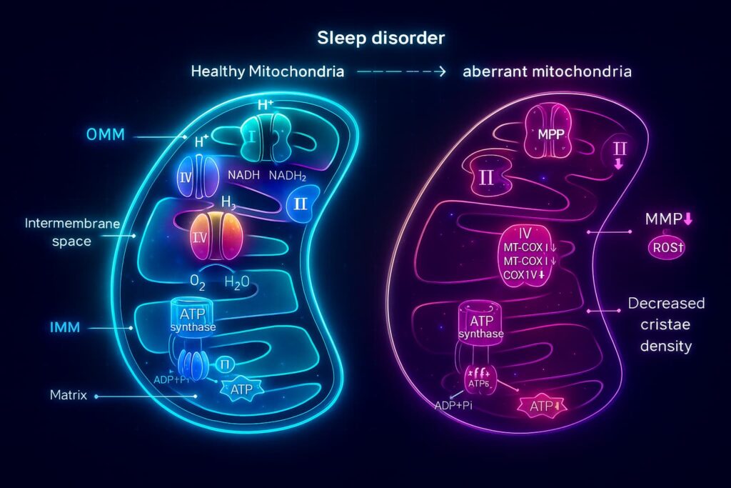 Illustration of the effect of deep sleep on mitochondria, showing mitochondrial repair and energy restoration, linked to how much deep sleep do you need, healthy sleep habits, and sleep tips for better health