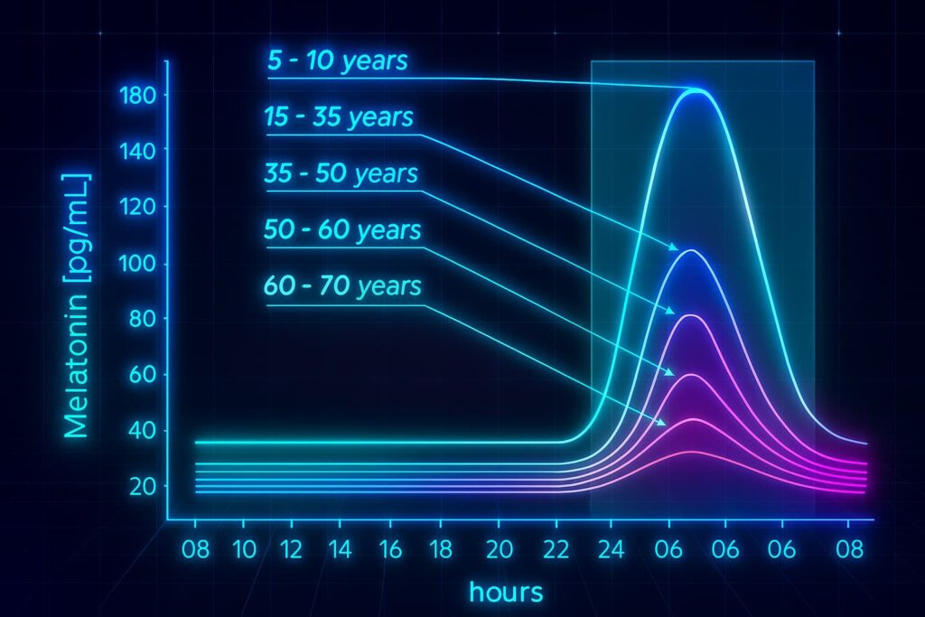 Chart showing changes in melatonin production with age and its impact on deep sleep, highlighting how much deep sleep do you need, healthy sleep habits, and the best time to sleep