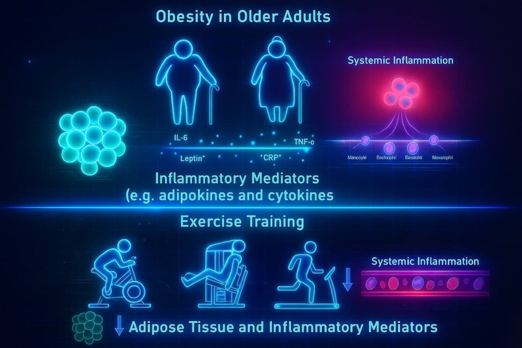 Graphic illustrating how exercise and aging affect inflammation, emphasizing health and fitness benefits, anti-aging exercises for longevity, and workout and longevity routines that reduce chronic inflammation and support a healthier immune system.