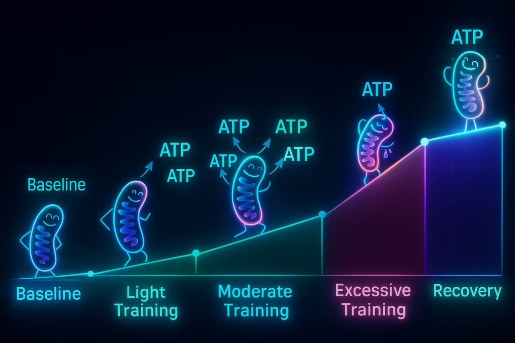 Diagram showing the impact of exercise and aging on mitochondrial health, highlighting health and fitness benefits, anti-aging exercises for longevity, and workout and longevity strategies that boost energy production and prevent mitochondrial dysfunction.