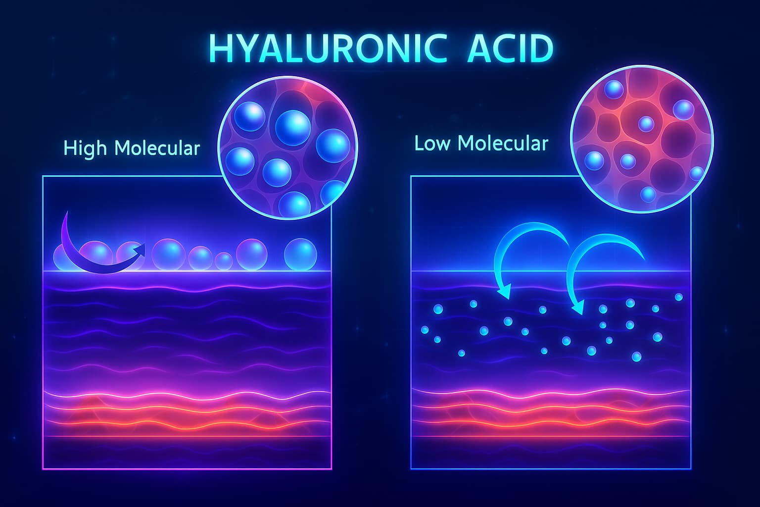 Diagram of HLA mechanism showing how hyaluronic acid supports joint health, skin hydration, and cellular matrix integrity — recognized as one of the best anti-aging supplements for healthy aging and longevity.
