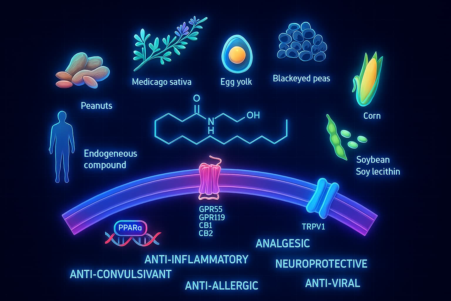 Mechanism of P.E.A. showing how this longevity supplement modulates inflammation, supports nerve health, and promotes cellular balance — one of the best anti-aging supplements for healthy aging and cellular health.