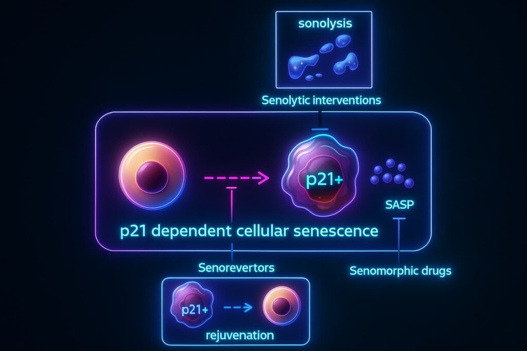 Graph showing the effect of deleting the p21 gene on aging mice, with survival curves demonstrating safe lifespan extension. The image highlights how targeting p21 is an anti-aging breakthrough in regenerative medicine, supporting stem cell therapy and representing a key longevity breakthrough.