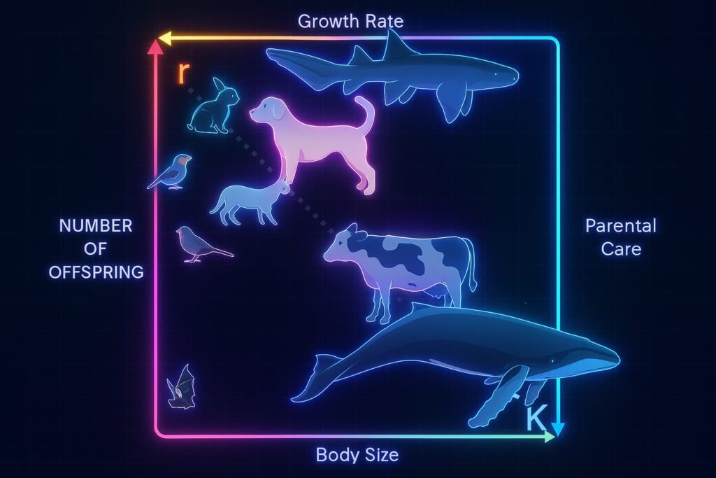 Diagram of mammal life strategies showing fast vs slow aging. Small animals like dogs and cats follow a fast strategy with high metabolism and shorter lifespan, while humans and larger mammals follow a slow strategy. Highlights why pets need longevity supplements for pets, NMN for dogs, NAD+ for dogs, anti-aging supplements for dogs, and old cat supplements to slow cellular aging.