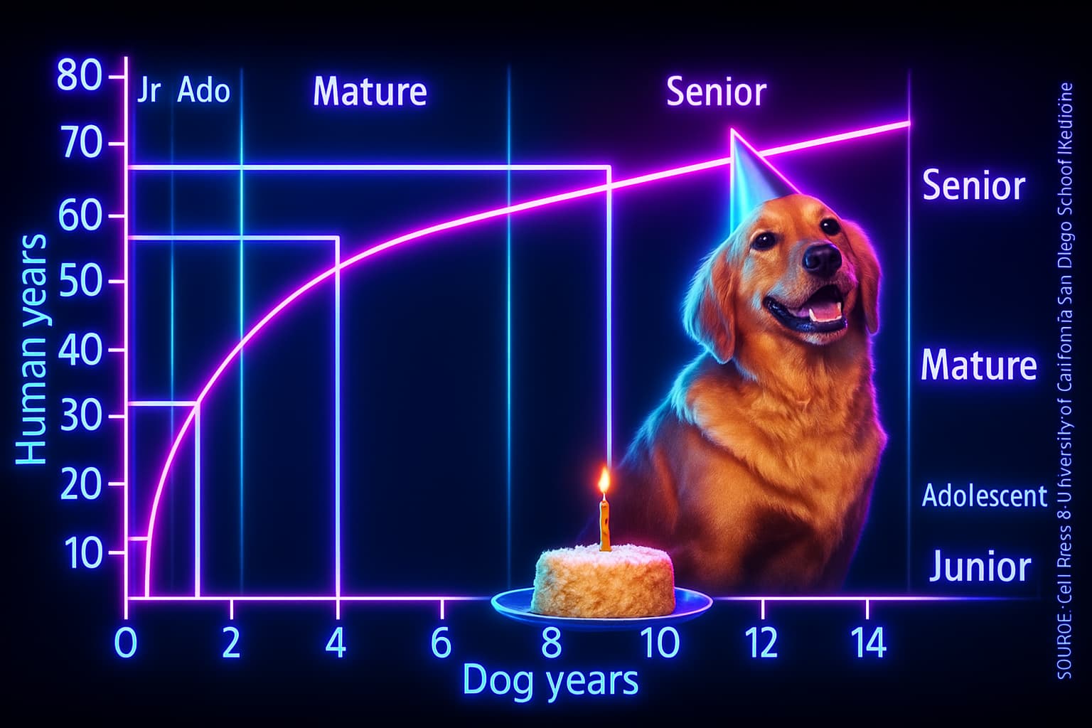 Dog life curve compared to human aging, showing why one dog year is not equal to seven human years. Graph illustrates the logarithmic pace of canine aging, with rapid early growth and faster cellular decline. Emphasizes the role of longevity supplements for pets, NMN for dogs, NAD+ for dogs, anti-aging supplements for dogs, and old dog supplements in supporting healthy aging.