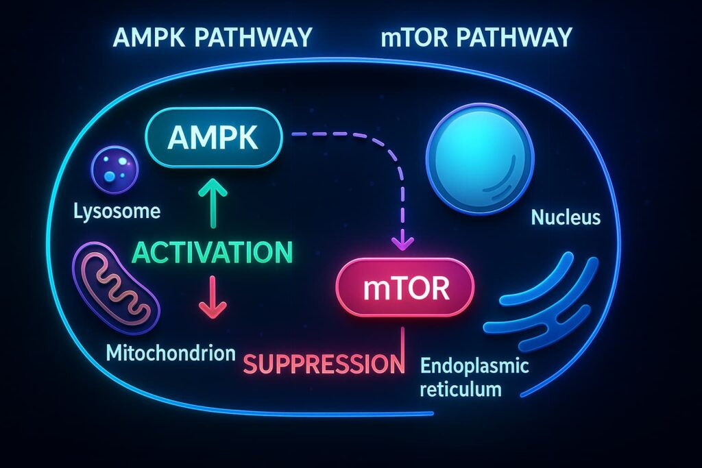 Scientific illustration of mTOR and AMPK pathways showing how the longevity diet and Lifespan Nutrition influence nutrient sensing. mTOR is activated by excess protein and sugar while AMPK is triggered by fasting and healthy foods for longevity. This balance explains how anti-aging diets, intermittent fasting, and a diet for longevity slow the hallmarks of aging and extend healthspan.