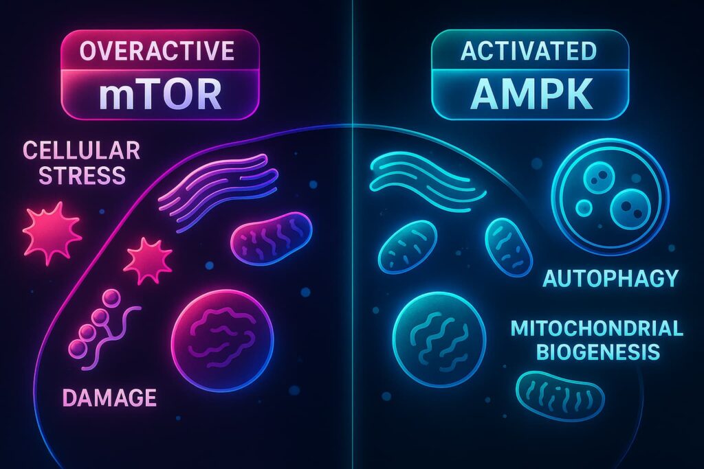 Diagram of mTOR and AMPK pathways showing how diet for longevity shapes aging. Overactive mTOR from excess protein and sugar drives cell damage, inflammation, and faster aging. Activated AMPK from fasting and foods for longevity promotes repair, autophagy, and mitochondrial health. This balance explains how the longevity diet, Lifespan Nutrition, and anti-aging diets protect against the hallmarks of aging.