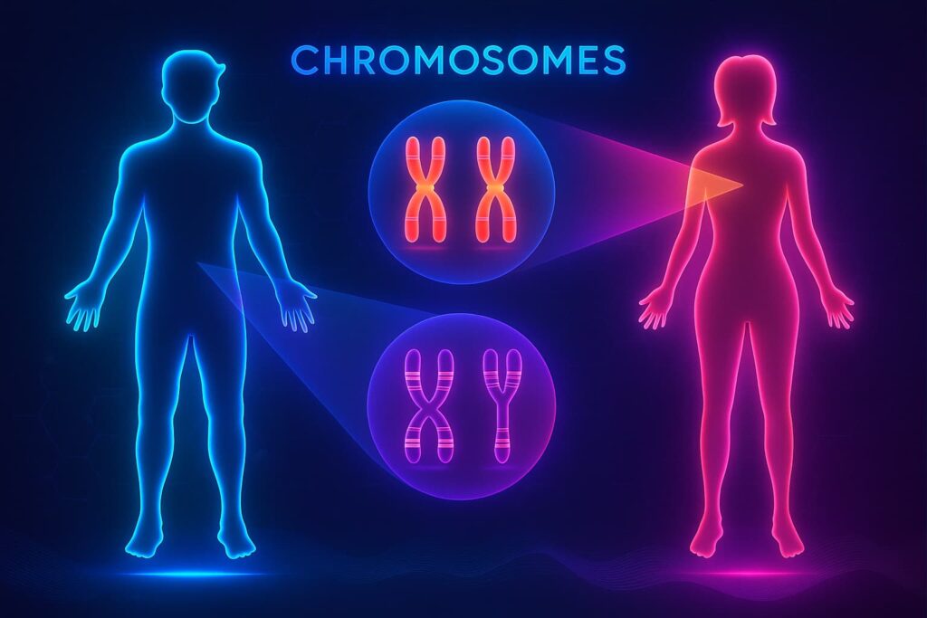 Illustration of male and female chromosomes showing the difference between XY and XX. The image highlights how women carry two X chromosomes while men carry one X and one Y, symbolizing genetic resilience, male vs female aging, and longevity gender differences connected to DNA damage and life expectancy.