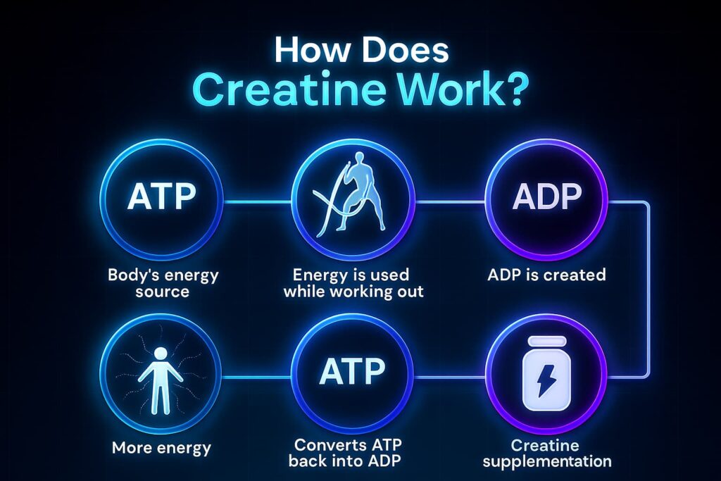 Illustration showing how creatine works inside the body by recycling ATP for energy, fueling muscle contractions, and improving endurance. Highlights why creatine is considered safe, effective, and one of the most important workout supplements for women in sports nutrition for women, supporting both performance and longevity.