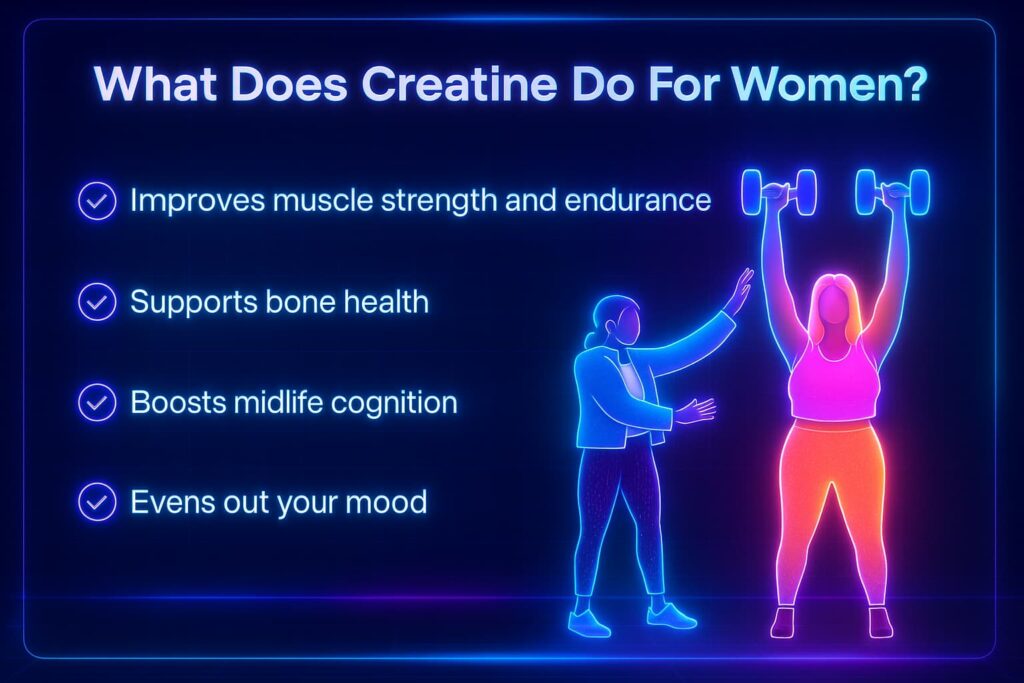 Infographic showing the benefits of creatine for women, including stronger workouts, lean muscle support, faster recovery, and better brain health. Designed to highlight why creatine is safe and why experts recommend it as one of the best creatine for women supplements. Connects to sports nutrition for women, explaining how it improves energy, performance, and overall longevity.