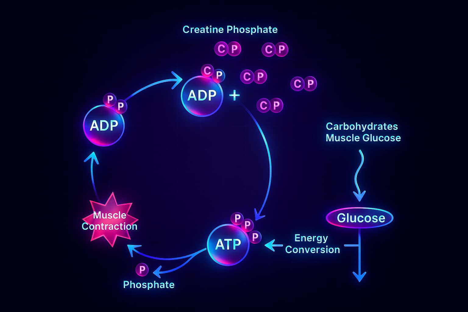 Diagram of the creatine mechanism in muscle cells showing how creatine donates phosphate to recycle ATP, increase energy production, and support performance. Visual highlights why creatine is one of the best creatine for women supplements, explaining how it fuels workouts, improves recovery, and connects to sports nutrition for women.
