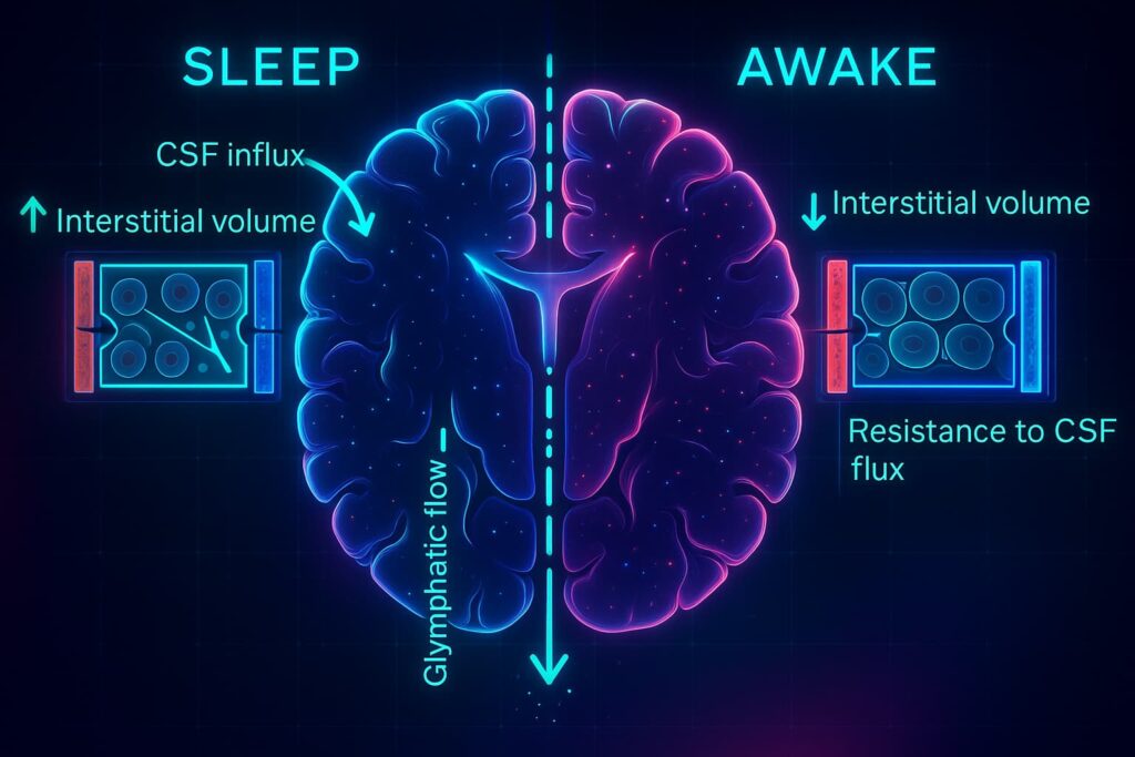 Illustration of glymphatic flow during deep sleep, showing how the brain clears toxins at night, linked to how much deep sleep do you need, healthy sleep habits, sleep tips for better health, and the best time to sleep