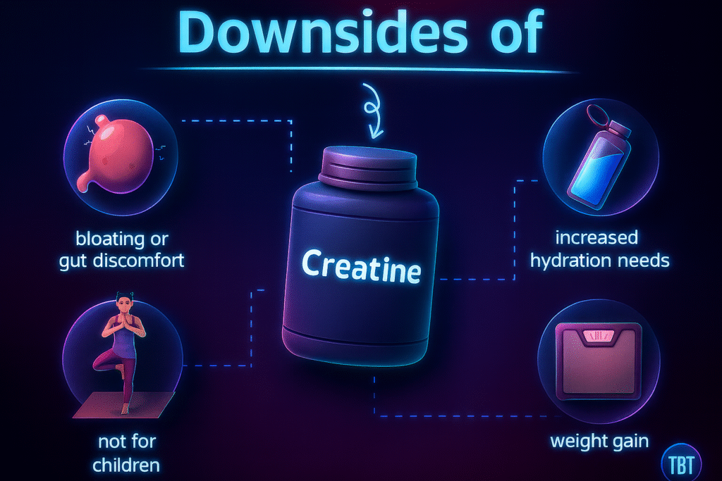 Visual explaining the possible downsides of creatine for women, including mild water retention, digestive discomfort, and the need for proper hydration. Highlights that overall, creatine is safe and remains one of the most effective workout supplements for women. Connects to the debate around is creatine safe, while reinforcing why it is still recommended in sports nutrition for women.